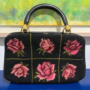 Rosenfeld Rose Floral Needlework Embroidery Purse Bag Black Vintage 50s 60s
